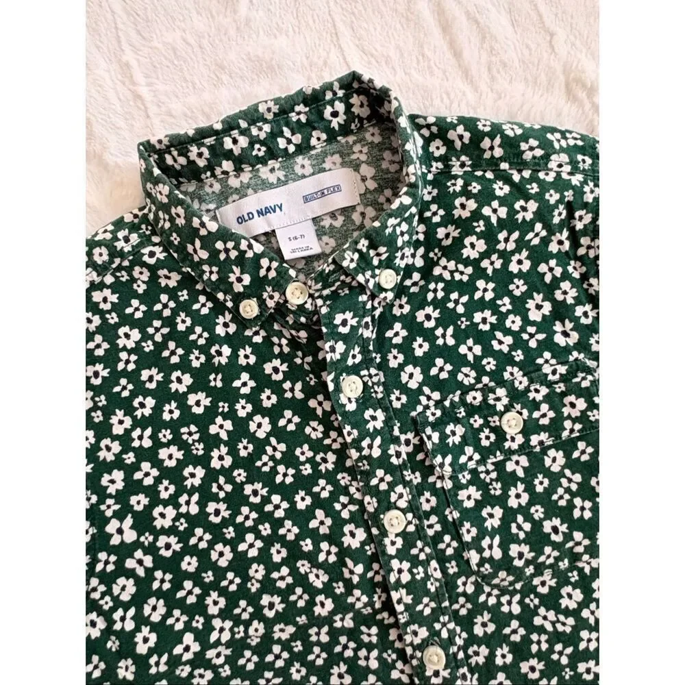 Old Navy Boys Green Floral Button Down Shirt Small 6-7 Built-In Flex